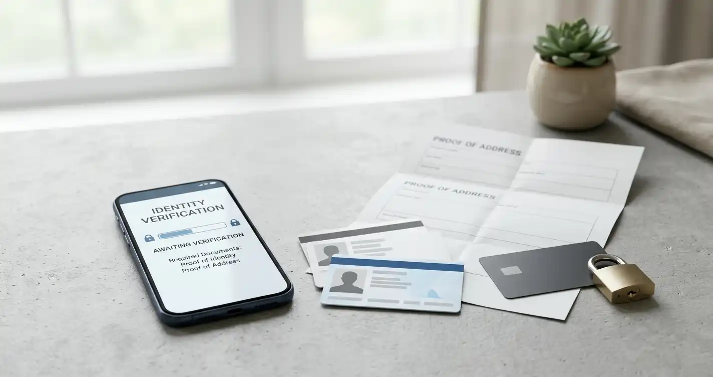 Neutral identity verification desk with a phone, blank identity card shapes and account security symbols