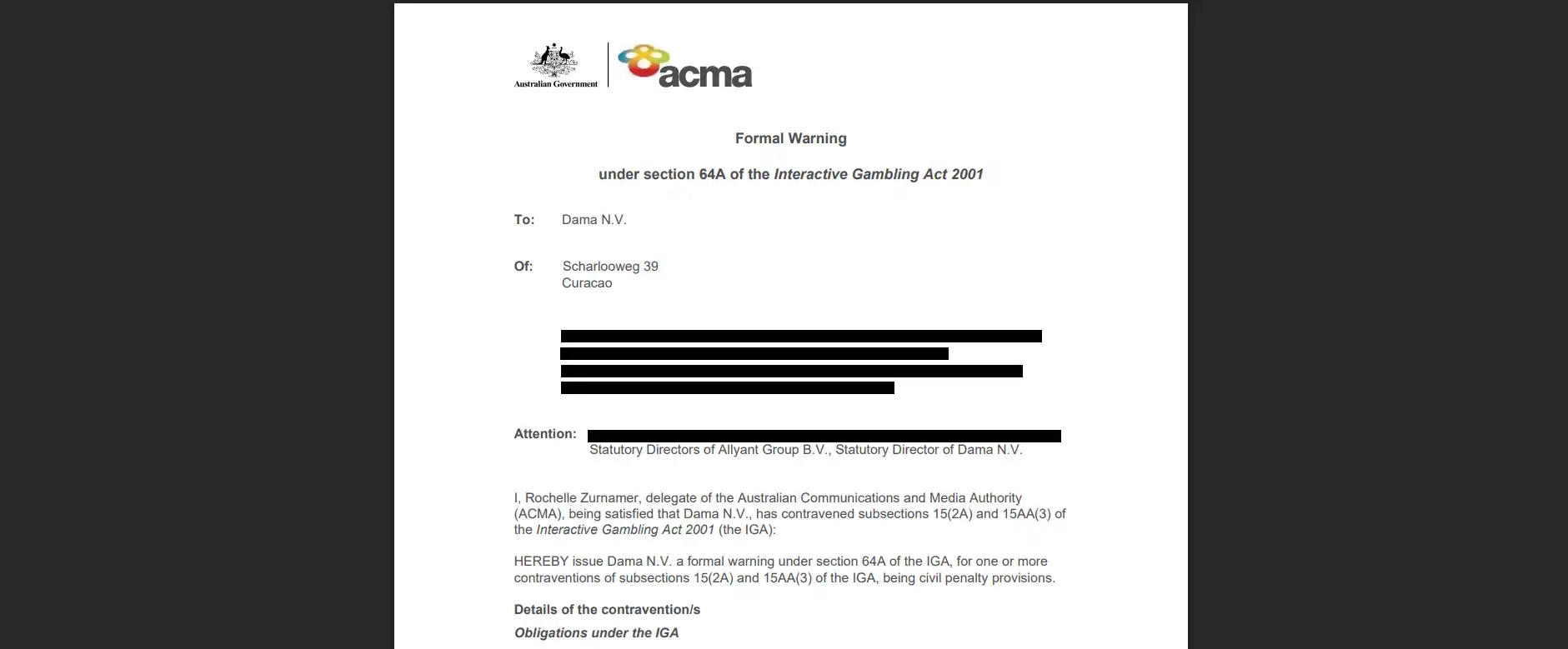 ACMA formal warning document naming Dama N.V. and the Level Up casino service