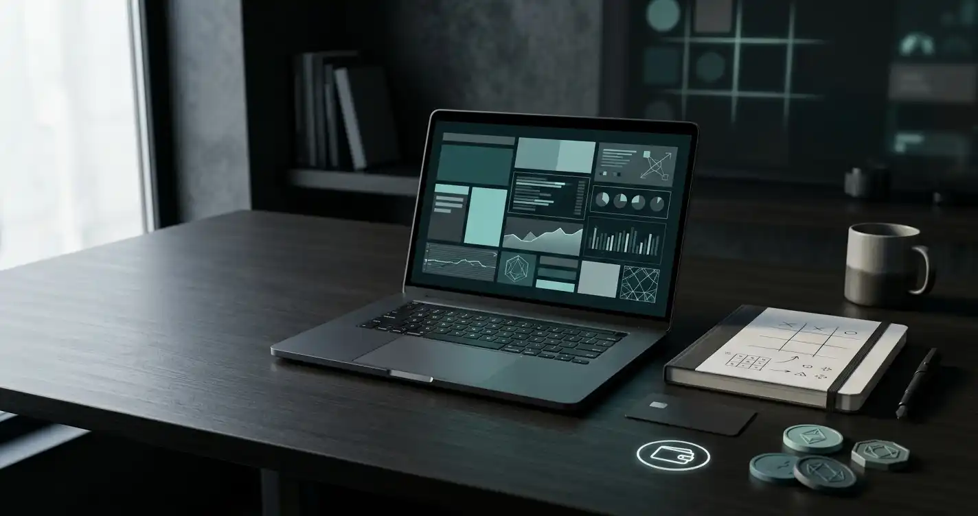 Dark editorial workspace with abstract payment, game and account symbols on a laptop and notebook
