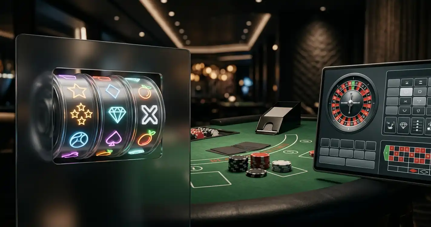 Abstract casino game montage with slot reels, a live table and digital game panels