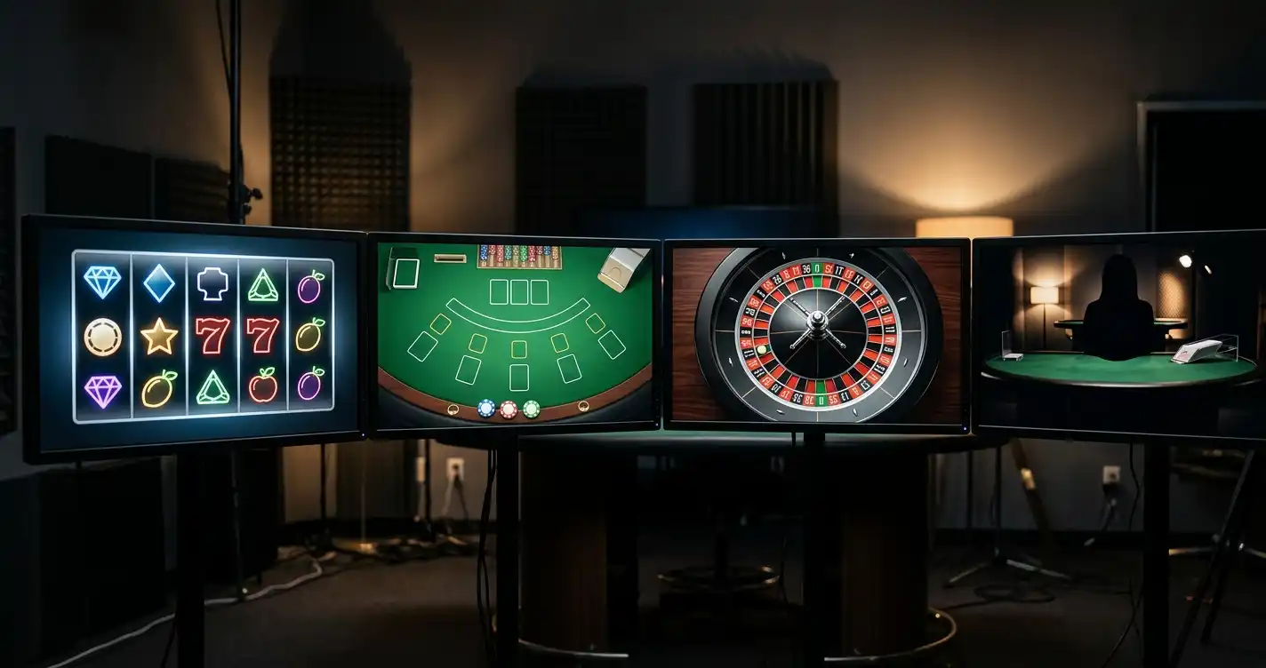 Neutral casino game montage with abstract slot reels, card tables and live dealer studio shapes on screens