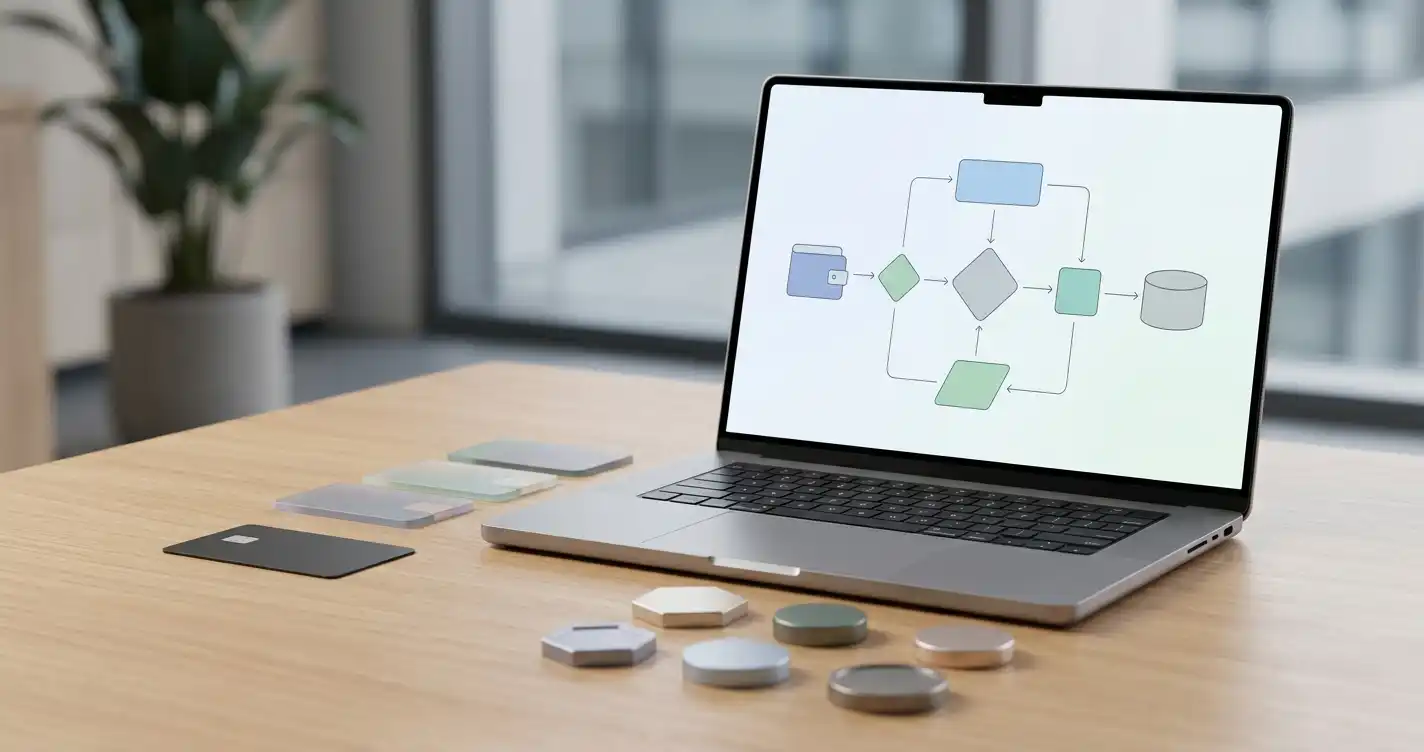 Neutral payment desk with a card, digital wallet shapes and abstract crypto tokens beside a laptop