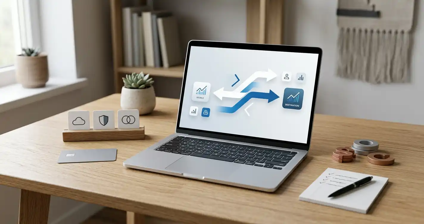 Neutral cashout flow with a laptop, payment card, digital wallet shapes and abstract crypto tokens